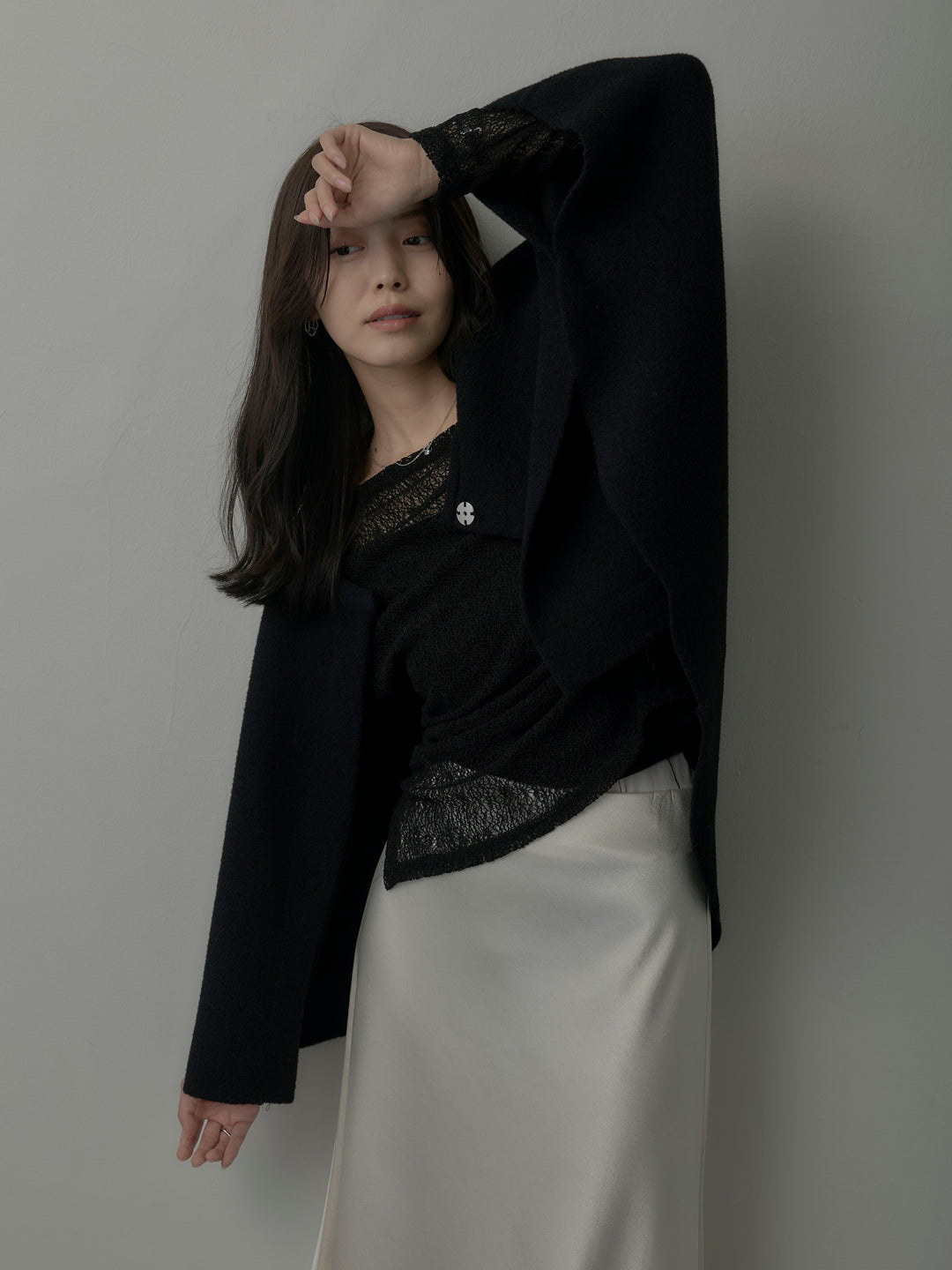 【SET】マフラー付き2WAYケープコート+【インナー付き】シアーレーストップス+ヘビーサテンAラインスカート(3set)