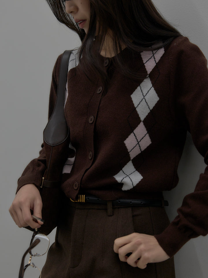 【SET】アーガイル柄ニットカーディガン+裏起毛デザインワイドパンツ(2set)