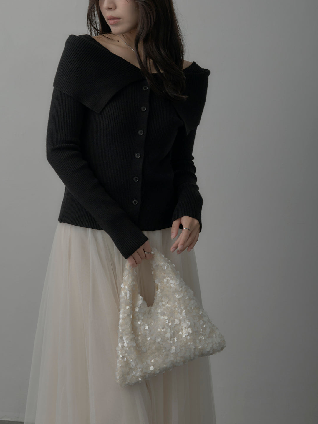 オフショルライクリブニットトップス