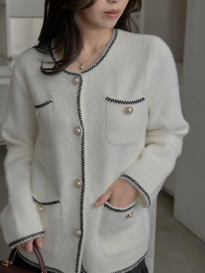 【SET】モヘアタッチパールボタンニットカーディガン+【Essential】ピーチスキンティアードスカート(2set)