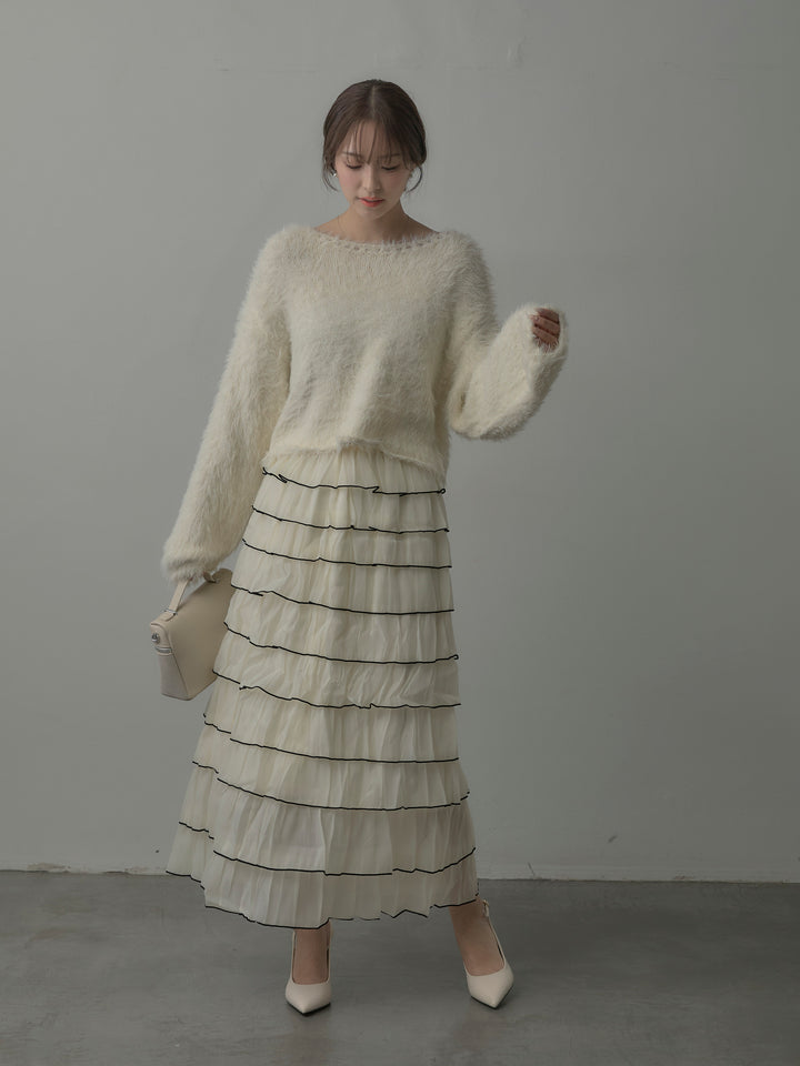 【SET】襟デザインシャギーニットトップス+バイカラーフリルチュールスカート(2set)