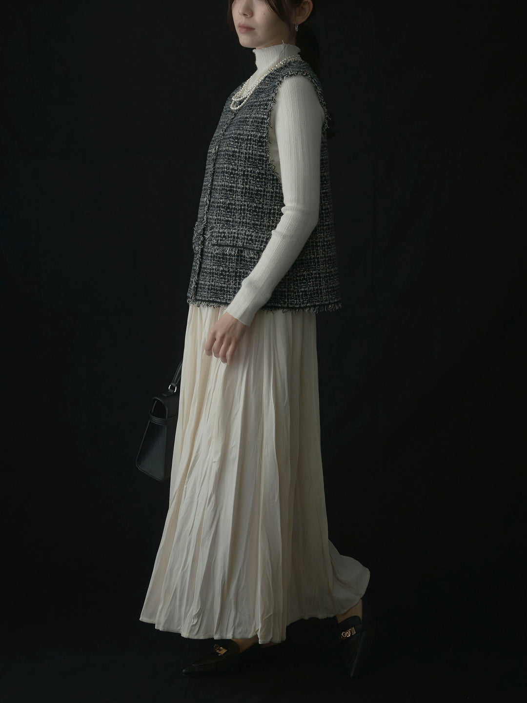 【SET】ツイードフリンジベスト+リブニットタートルネック+ベロアワッシャープリーツスカート(3set)