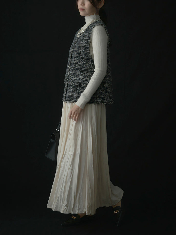 【SET】ツイードフリンジベスト+リブニットタートルネック+ベロアワッシャープリーツスカート(3set)