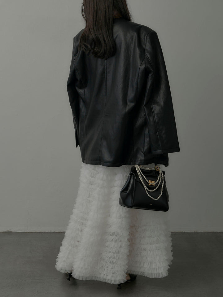 【SET】レザーノーカラージャケット+ドラマチックフリルチュールスカート(2set)