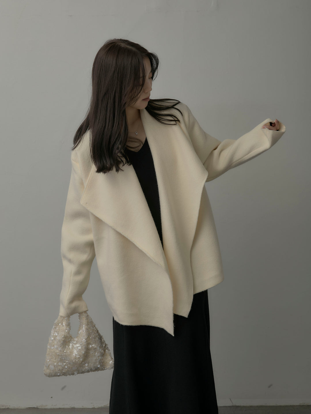 【SET】ショールカラーニットカーディガン+Vネックニットロングワンピース(2set)