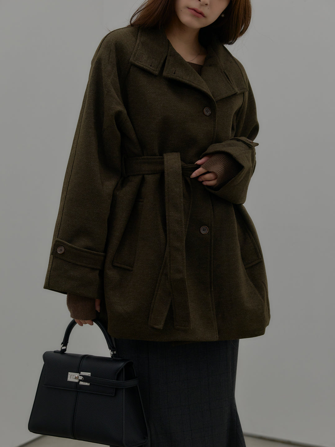 【SET】キルティングライナーウールミディアムコート+スクエアネックリブニット+【Essential】チェック柄マーメイドスカート(3set)