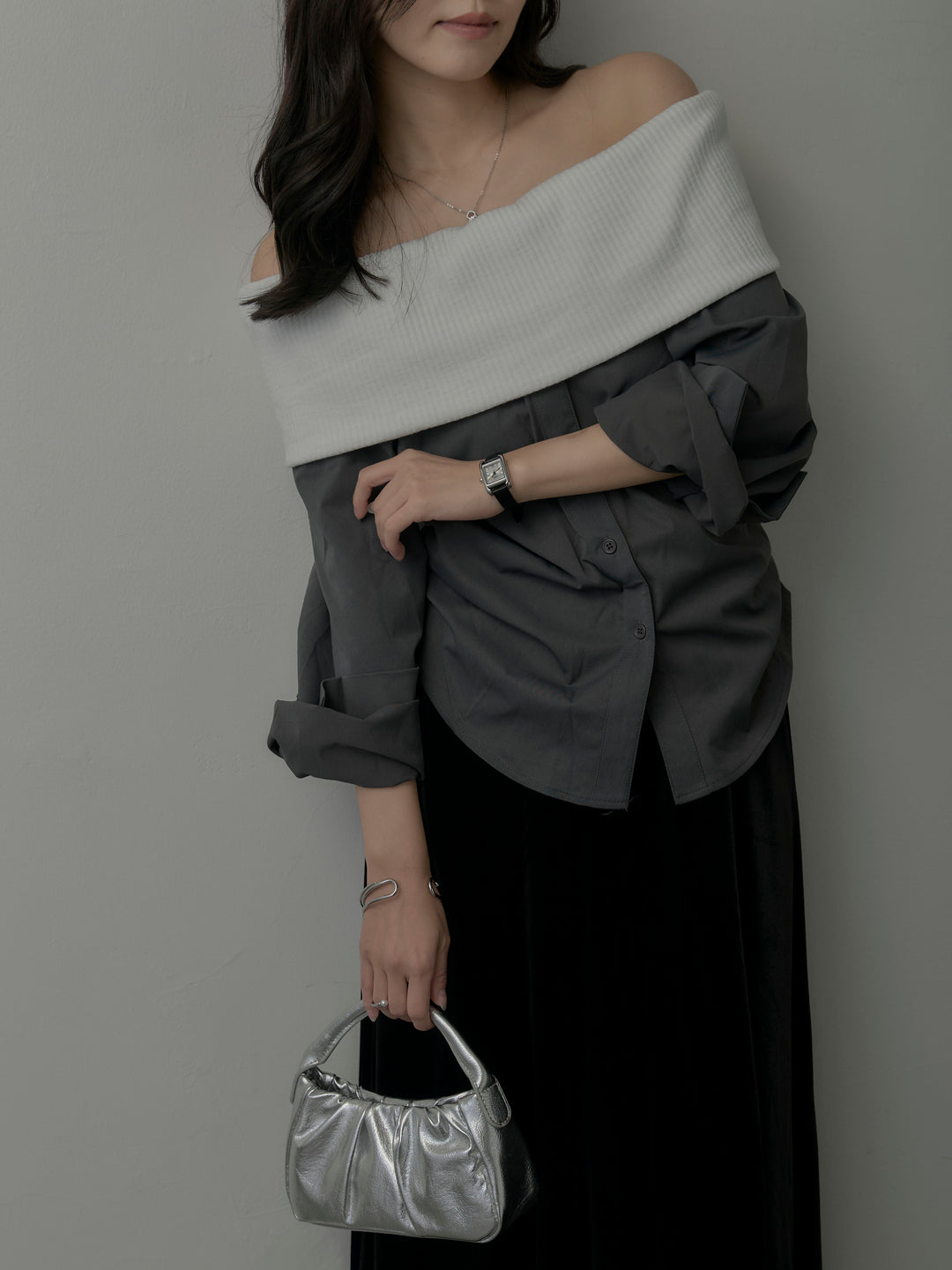 ニットシャツドッキングオフショルトップス