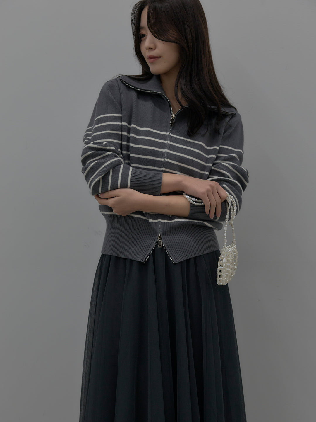 【SET】ダブルZIPハイネックボーダーニットトップス+ボリュームチュールスカート(2set)