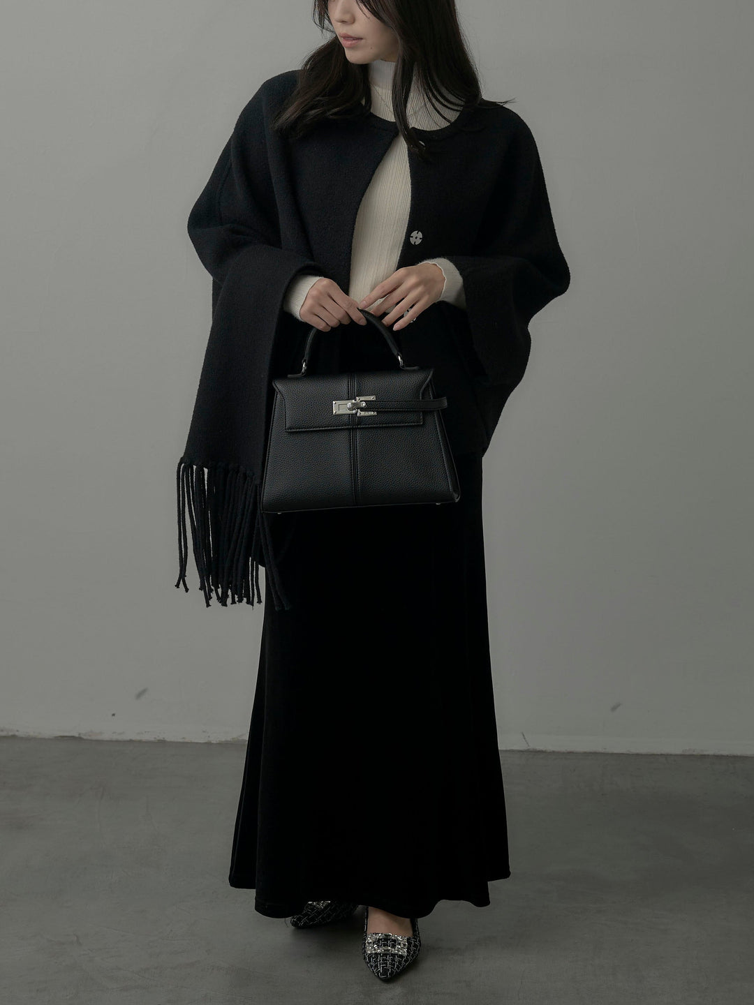 【SET】マフラー付き2WAYケープコート+リブニットタートルネック+ベロアマーメイドスカート(3set)