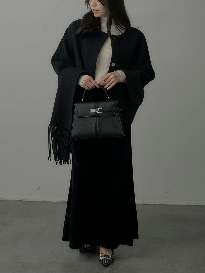 【SET】マフラー付き2WAYケープコート+リブニットタートルネック+ベロアマーメイドスカート(3set)