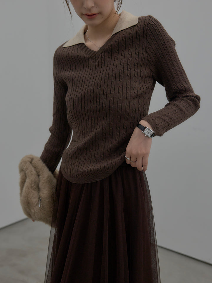 【SET】配色Vネックケーブルニットトップス+ボリュームチュールスカート(2set)