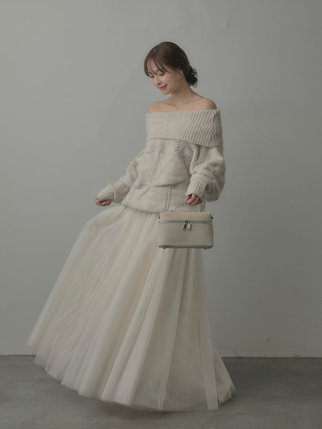 【SET】メランジニットオフショルトップス+ボリュームチュールスカート(2set)