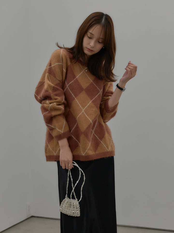 【SET】【premium touch】アーガイル柄ニットプルオーバー+ナローAラインサテンスカート(2set)