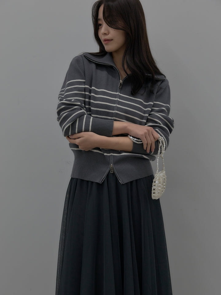 ダブルZIPハイネックボーダーニットトップス