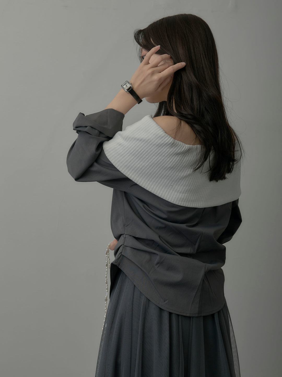 ニットシャツドッキングオフショルトップス