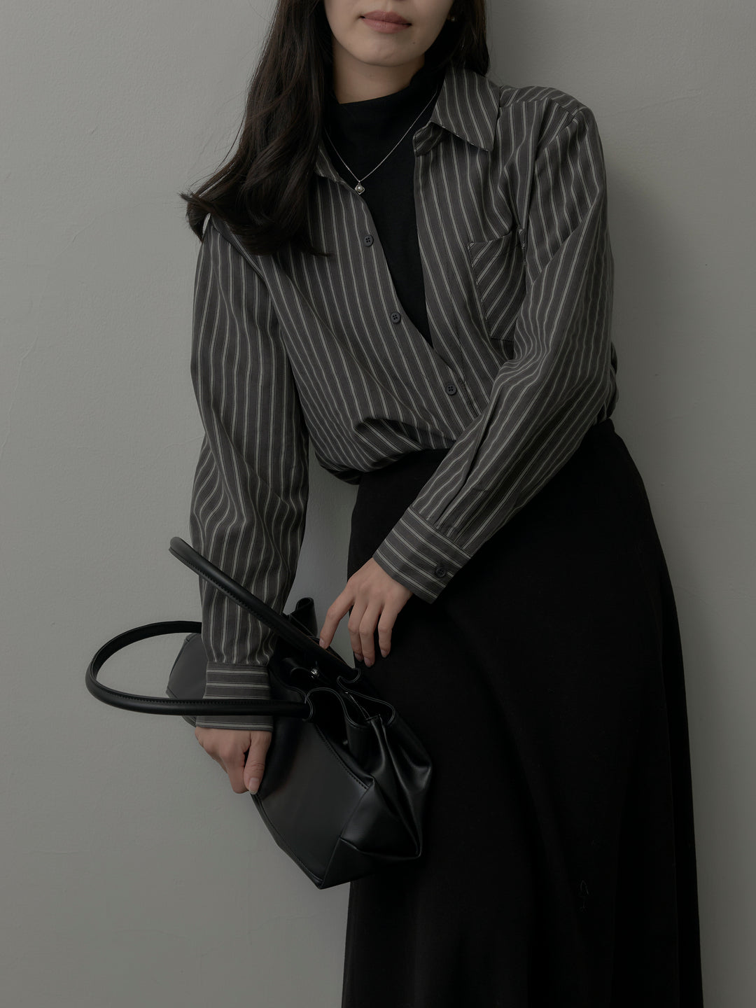 【SET】スエードタッチドッキングデザインストライプシャツ+リラクシーフレアロングスカート(2set)