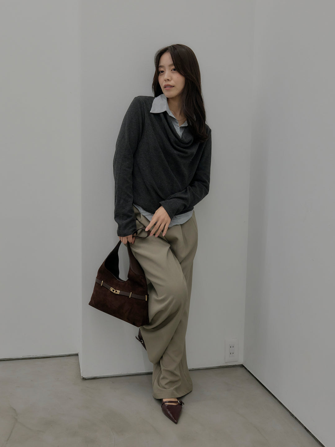 【SET】シャツレイヤードドレープニットトップス+デザインタックワイドパンツ(2set)