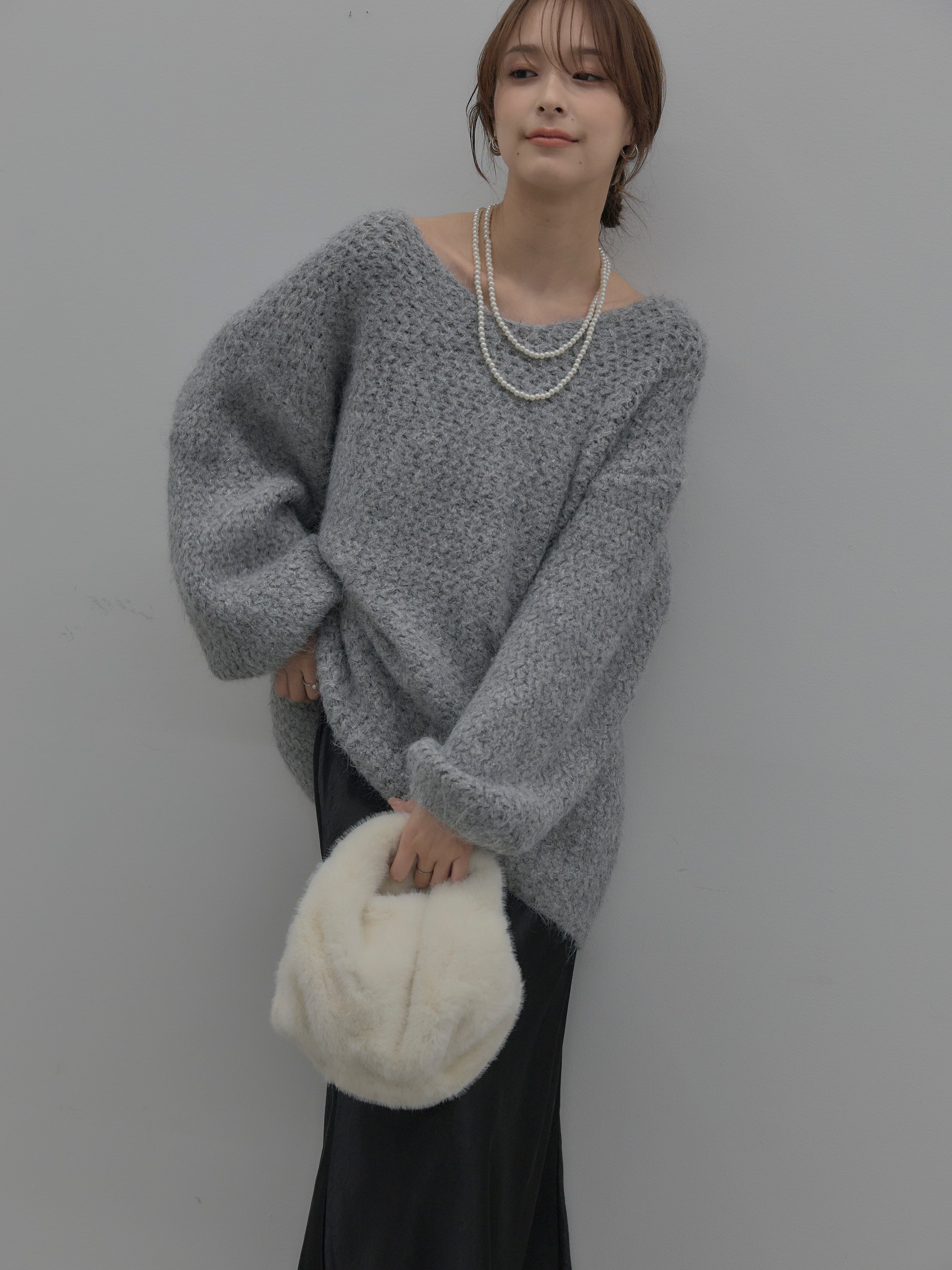 SET】ラメ糸ローゲージ編みオーバーニットトップス+ナローAライン