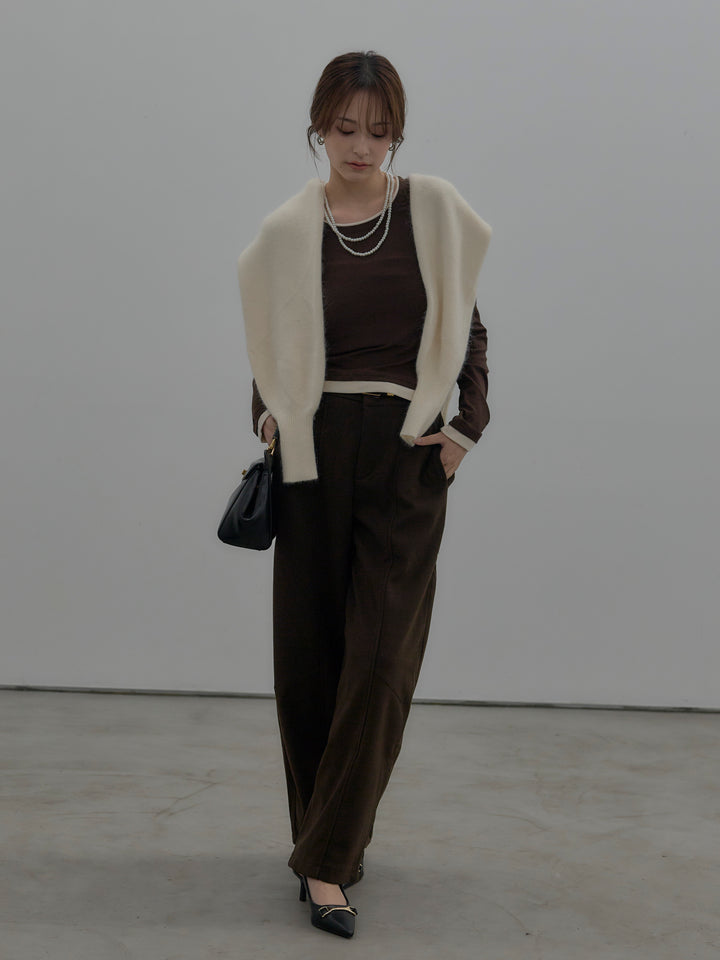 【SET】バイカラーレイヤードカットソー+カーブデザインスウェットライクパンツ(2set)