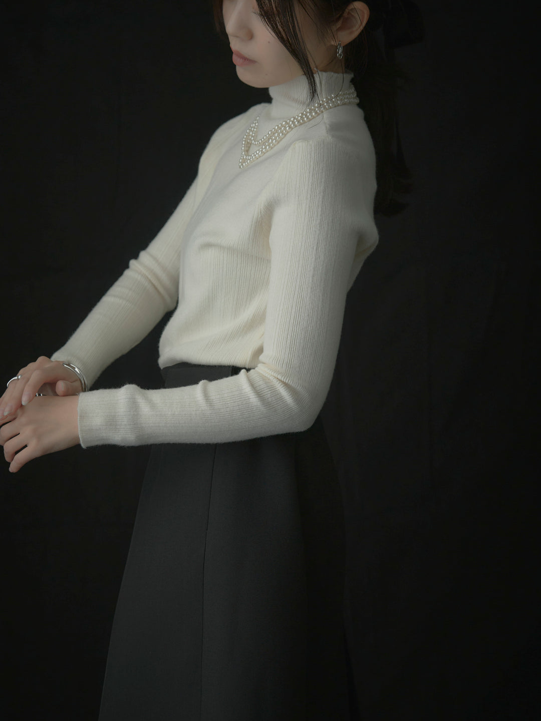 【SET】リブニットタートルネック+ウエストポーチ付きミディスカート(2set)