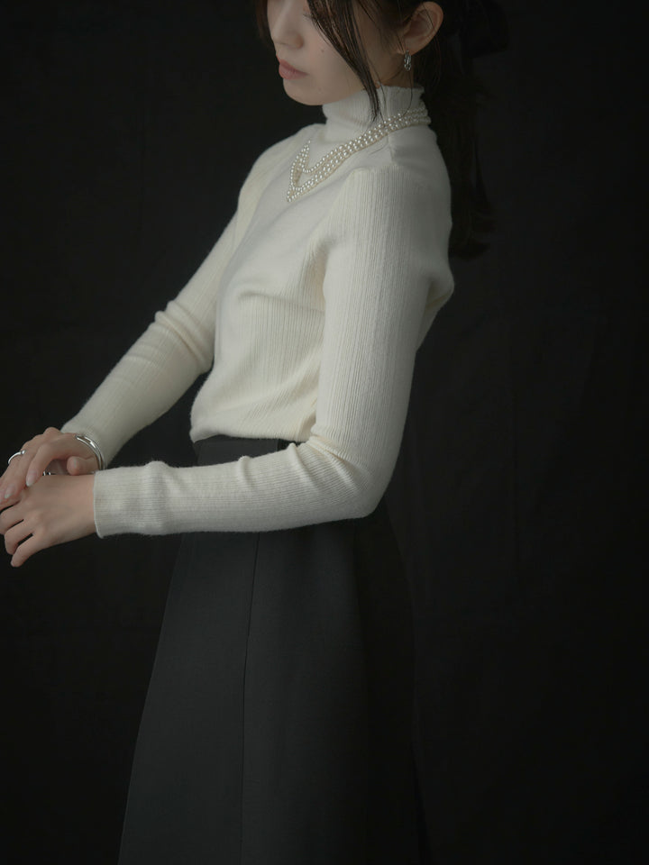 【SET】リブニットタートルネック+ウエストポーチ付きミディスカート(2set)