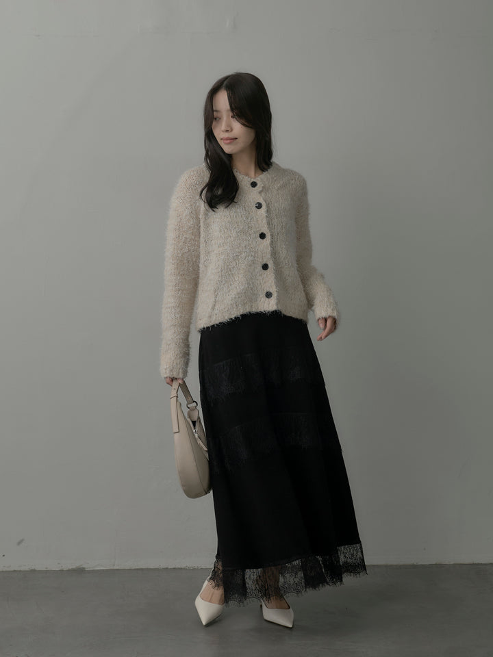 【SET】フェザーループニットカーディガン+レースデザインフレアスカート(2set)