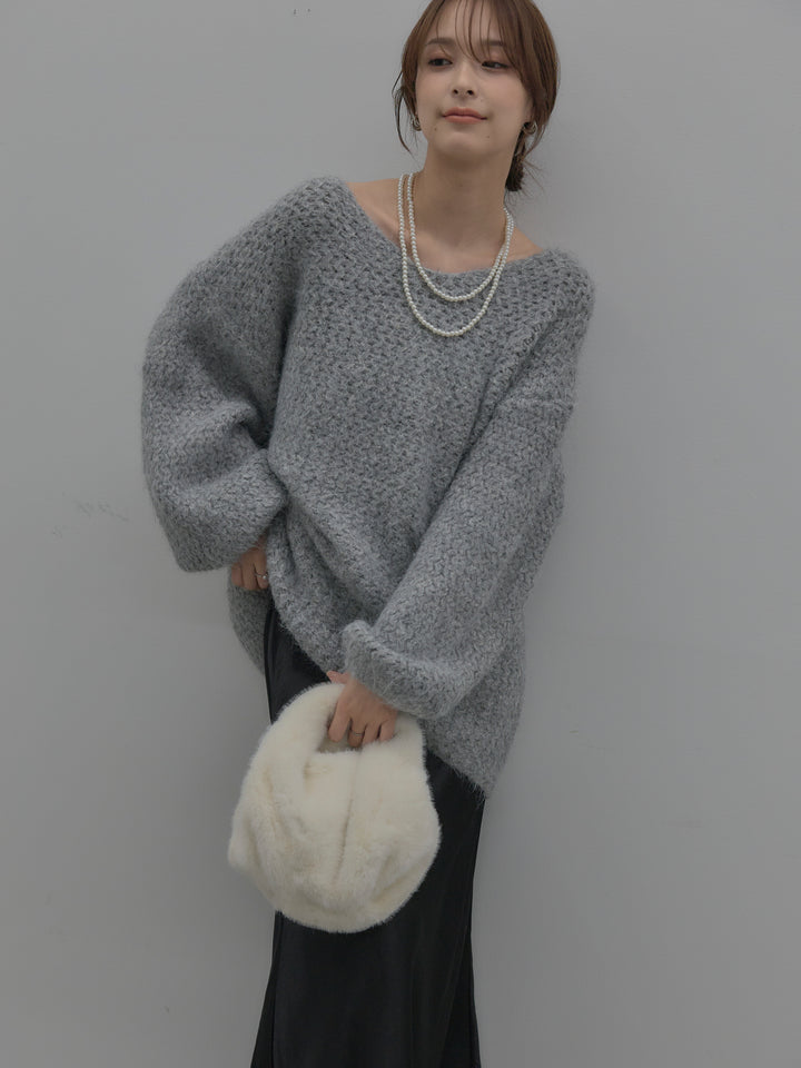 ラメ糸ローゲージ編みオーバーニットトップス