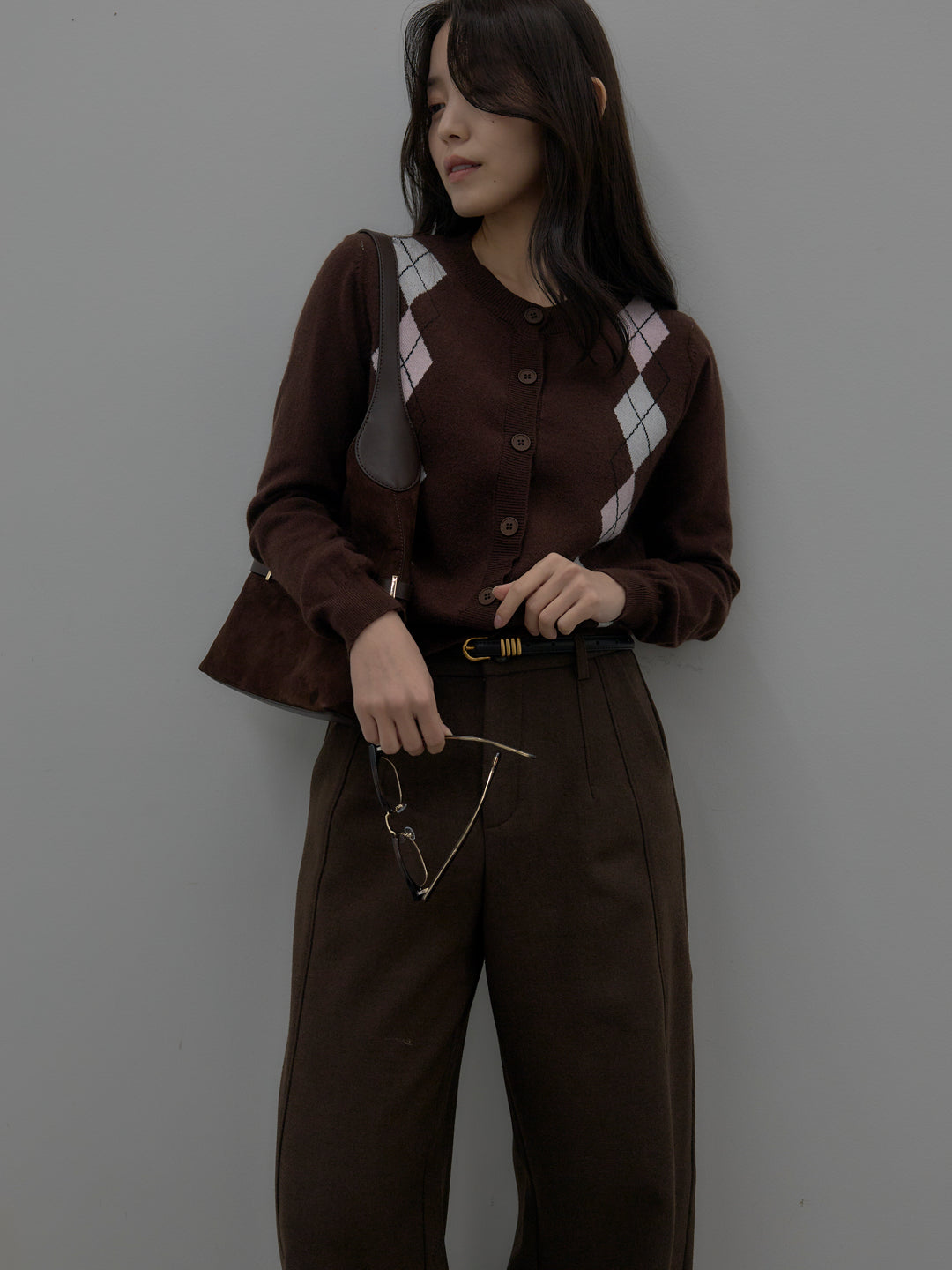 【SET】アーガイル柄ニットカーディガン+裏起毛デザインワイドパンツ(2set)