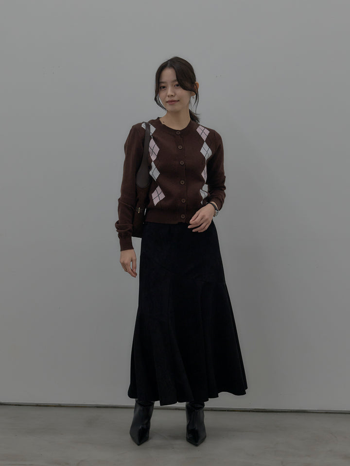 【SET】アーガイル柄ニットカーディガン+スウェードフレアスカート(2set)