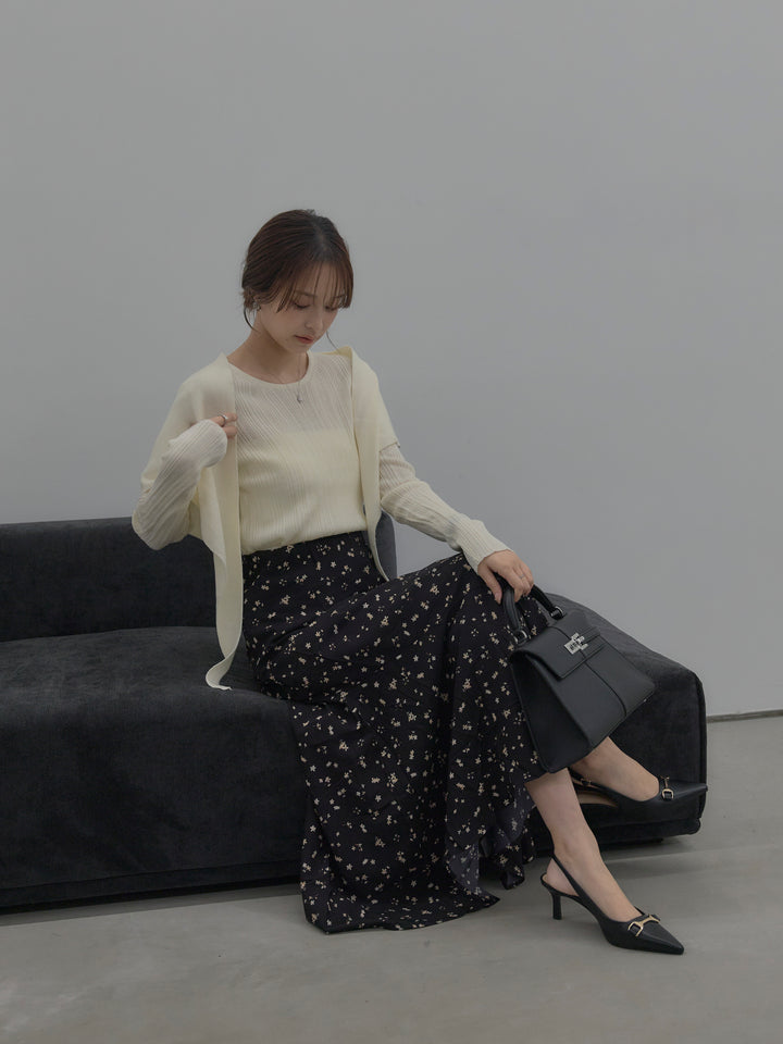 【SET】ニットスカーフ付きリブニットトップス+フラワーパターンマーメイドフレアスカート(2set)