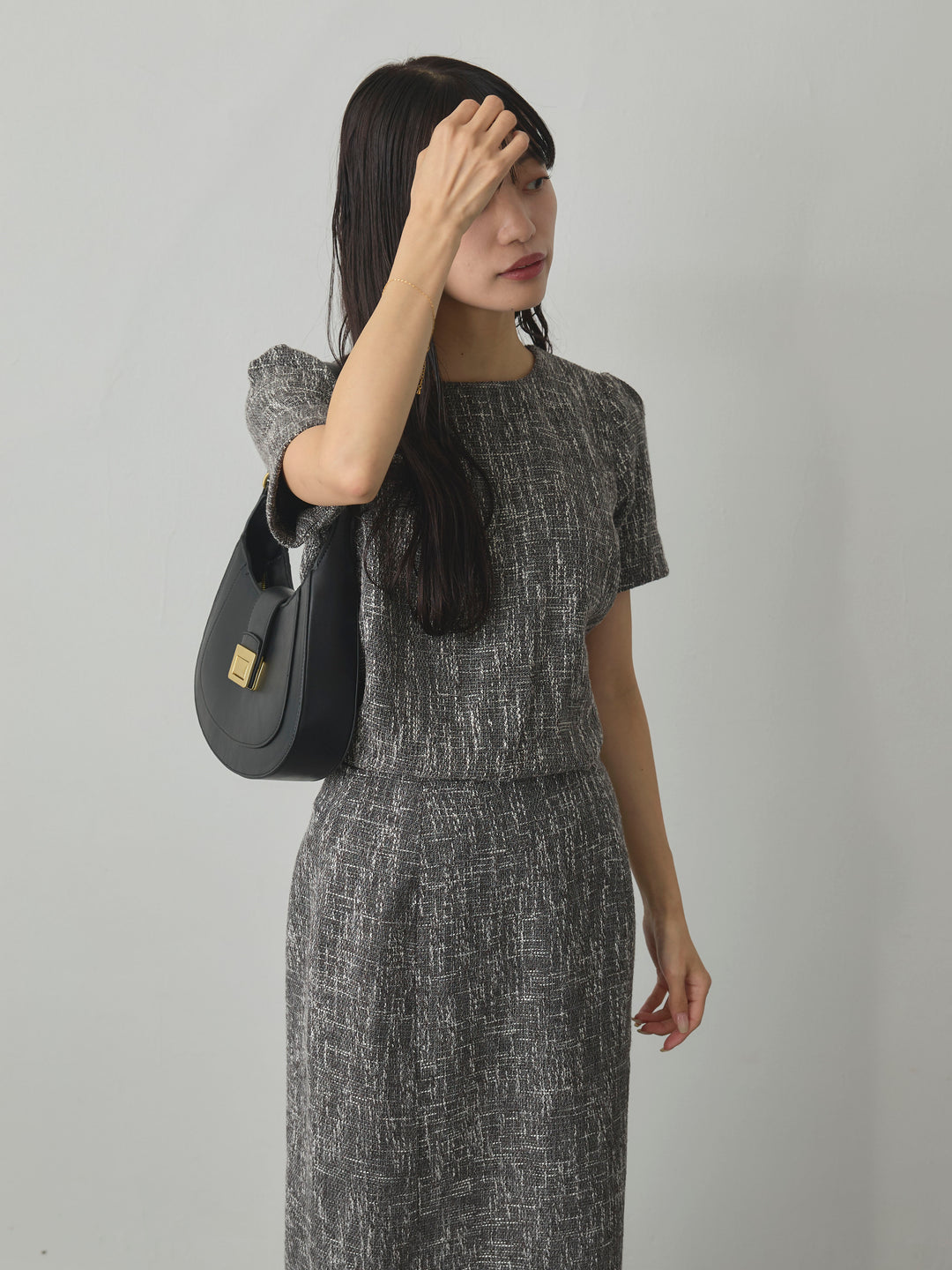 【SET】【Essential】ツイードハーフスリーブトップス+【Essential】ツイードペンシルスカート(2set)