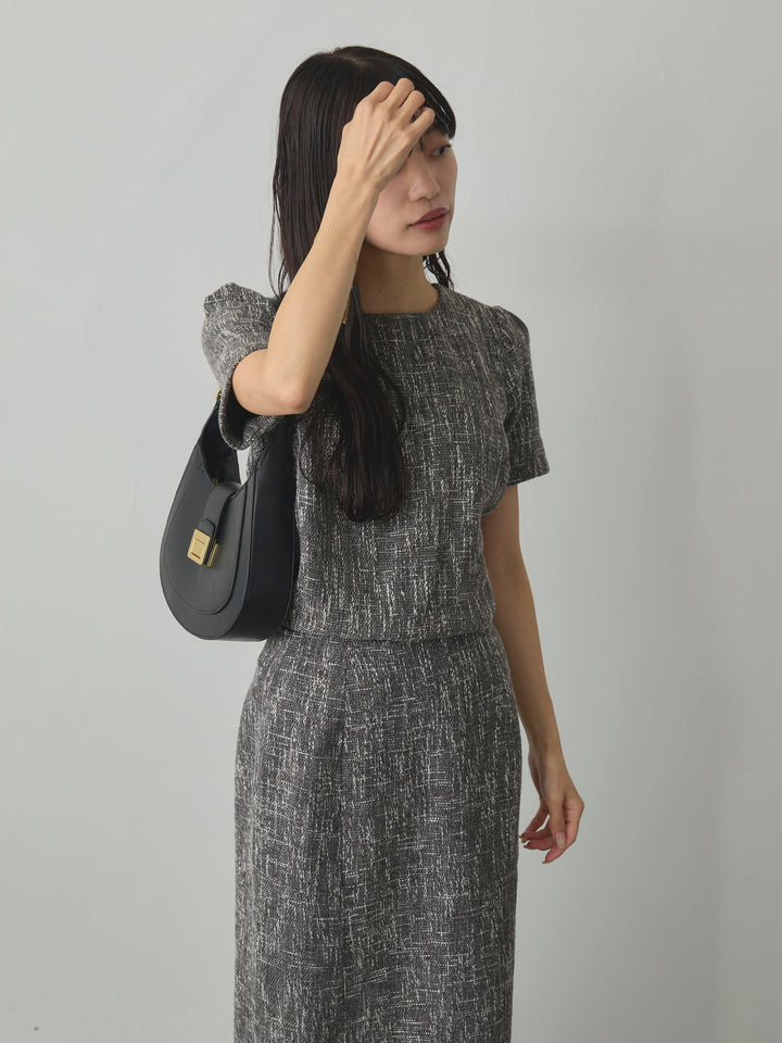 【SET】【Essential】ツイードハーフスリーブトップス+【Essential】ツイードペンシルスカート(2set)