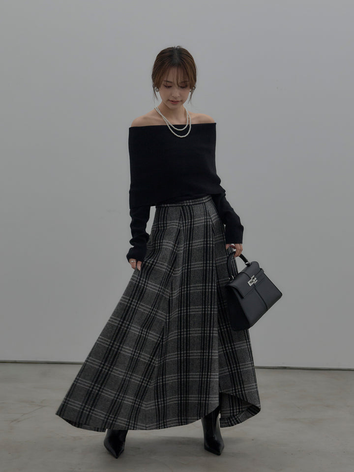 【SET】【premium touch】ソフトリブオフショルニットトップス+【Essential】クラシカルチェックウールタッチスカート(2set)
