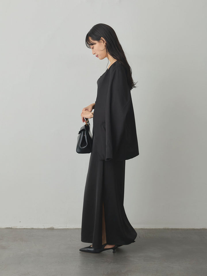 【SET】【Essential】フロントホックノーカラージャケット+【Essential】サテンドレープキャミワンピ(2set)