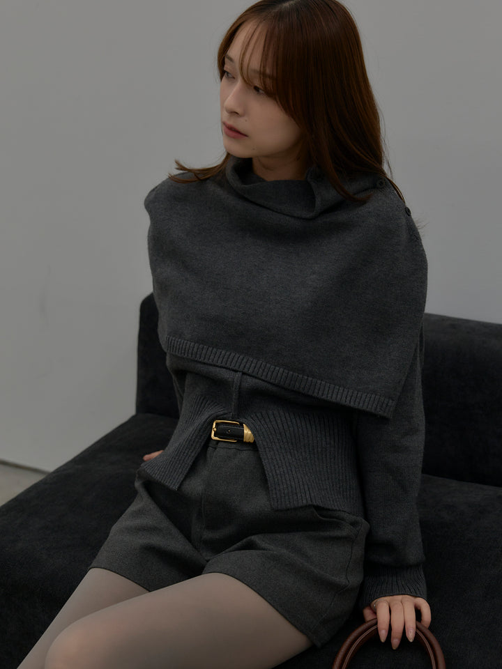 【SET】ケープ付き2WAYフロントスリットニットトップス+ウールタッチミニショートパンツ(2set)