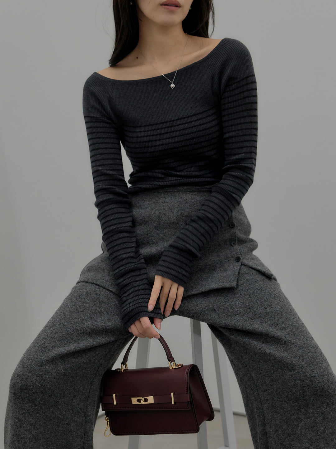 【SET】ハーフボーダーニットトップス+ミックスヤーンニットラップパンツ(2set)