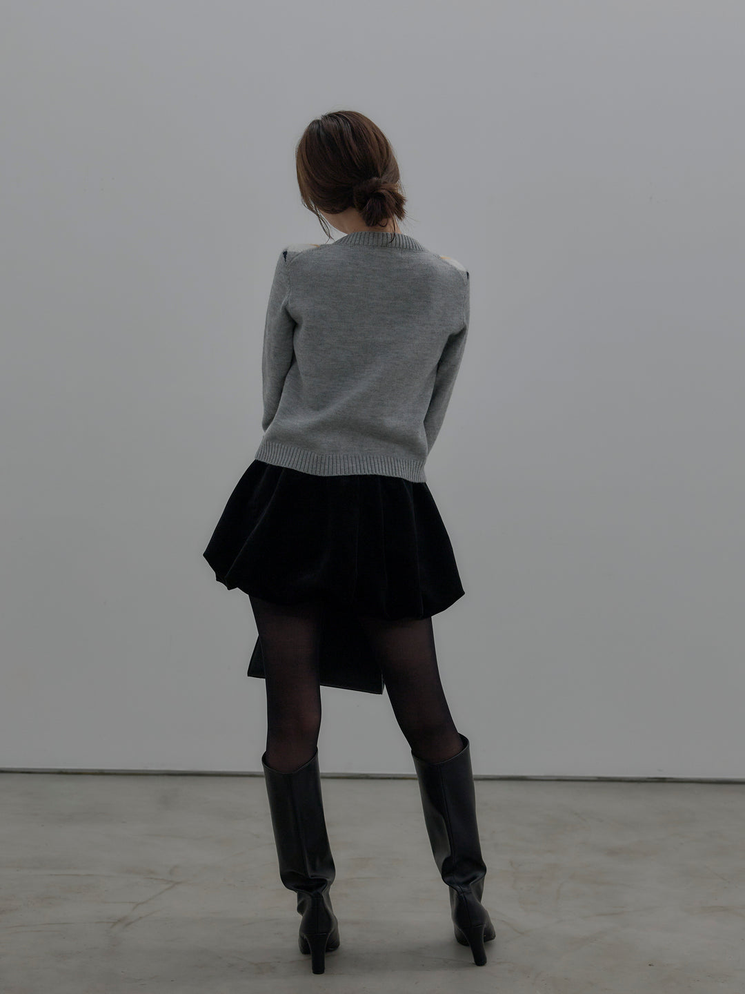 【SET】アーガイル柄コンパクトニットカーディガン+ベロアバルーンミニスカート(インパン付き)(2set)