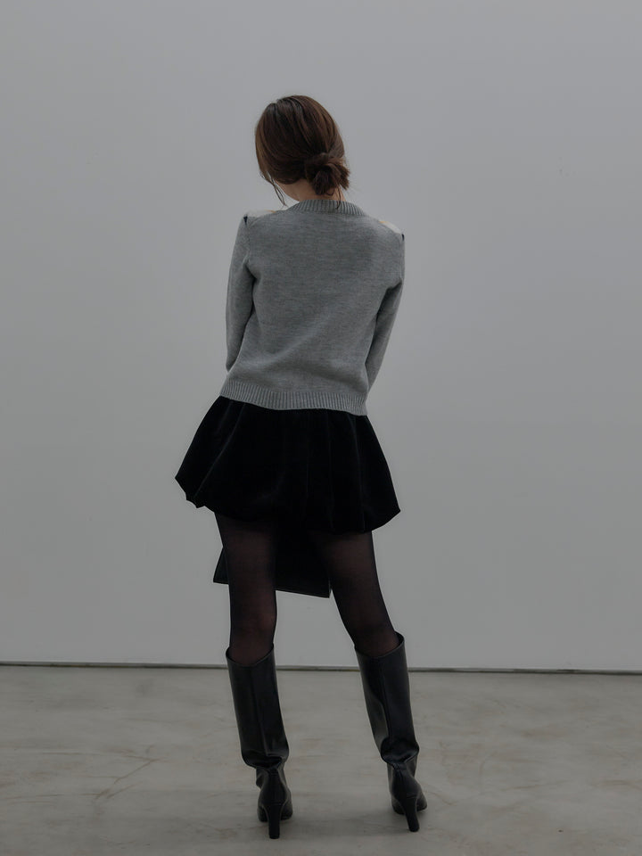 【SET】アーガイル柄コンパクトニットカーディガン+ベロアバルーンミニスカート(インパン付き)(2set)