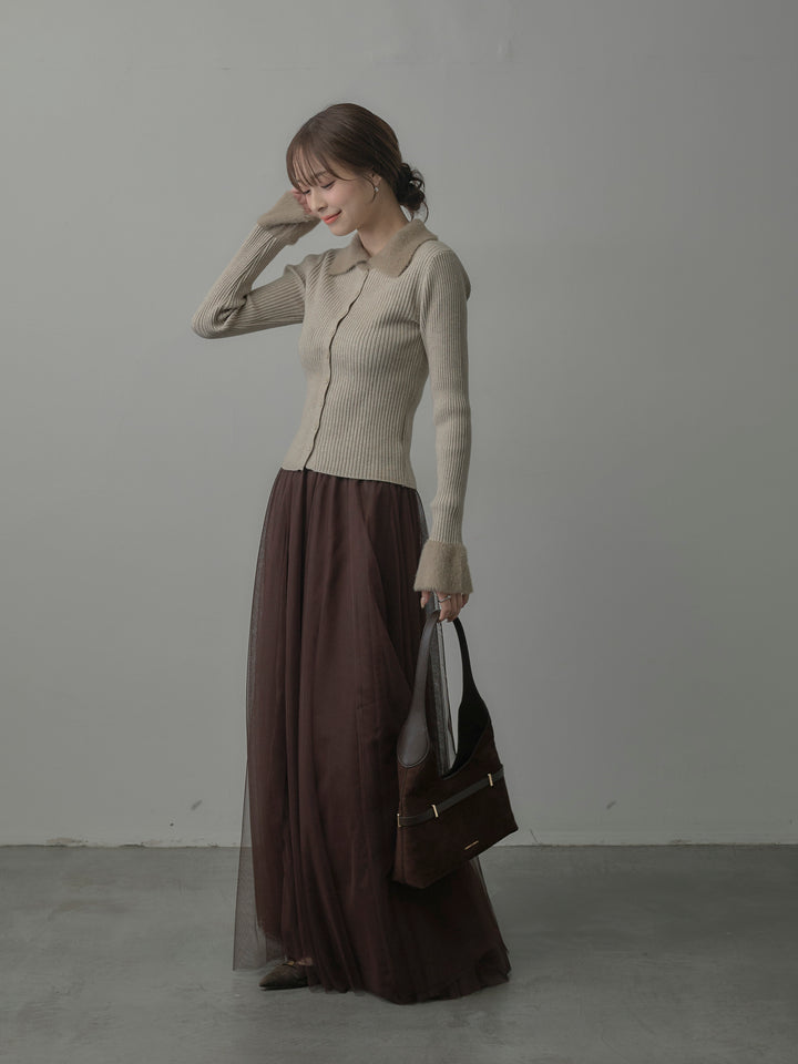 シャギー襟リブニットポロトップス