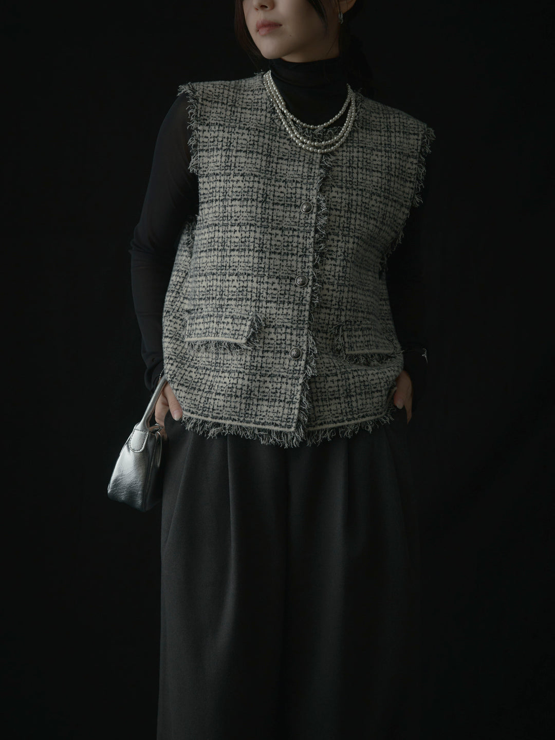 【SET】ツイードフリンジベスト+メロウフリルシアートップス+【ロープベルト付属】ウールタッチワイドパンツ(3set)