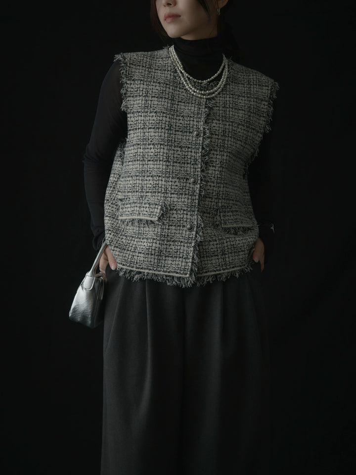 【SET】ツイードフリンジベスト+メロウフリルシアートップス+【ロープベルト付属】ウールタッチワイドパンツ(3set)
