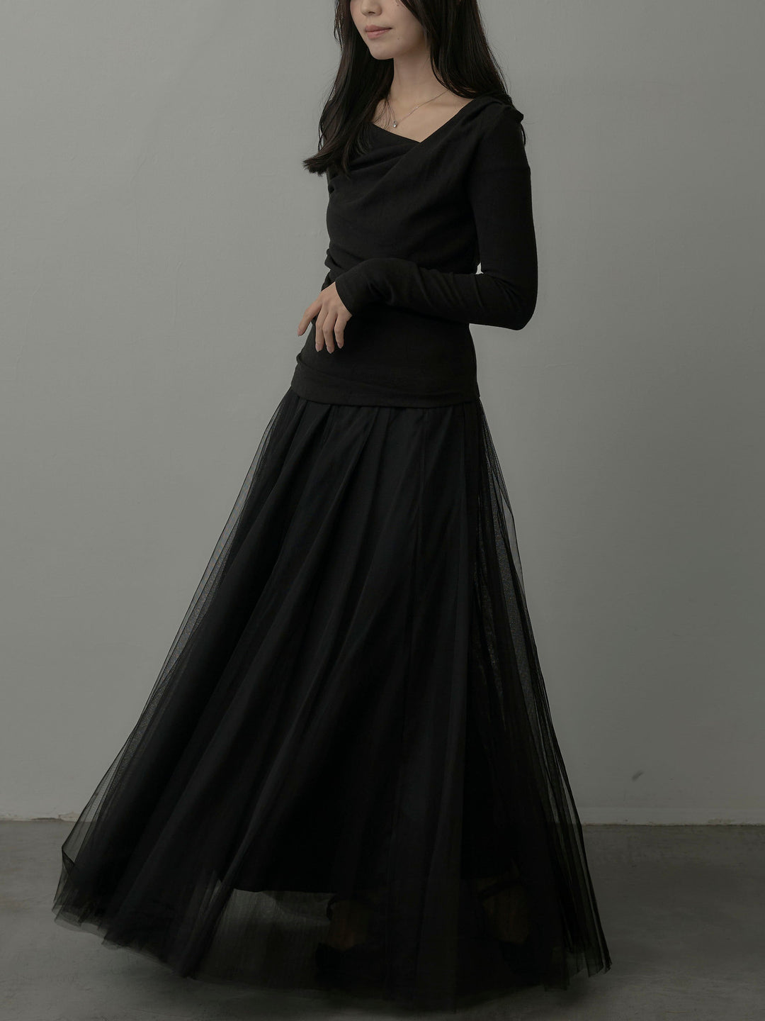 【SET】ドレープデザイントップス+ボリュームチュールスカート(2set)