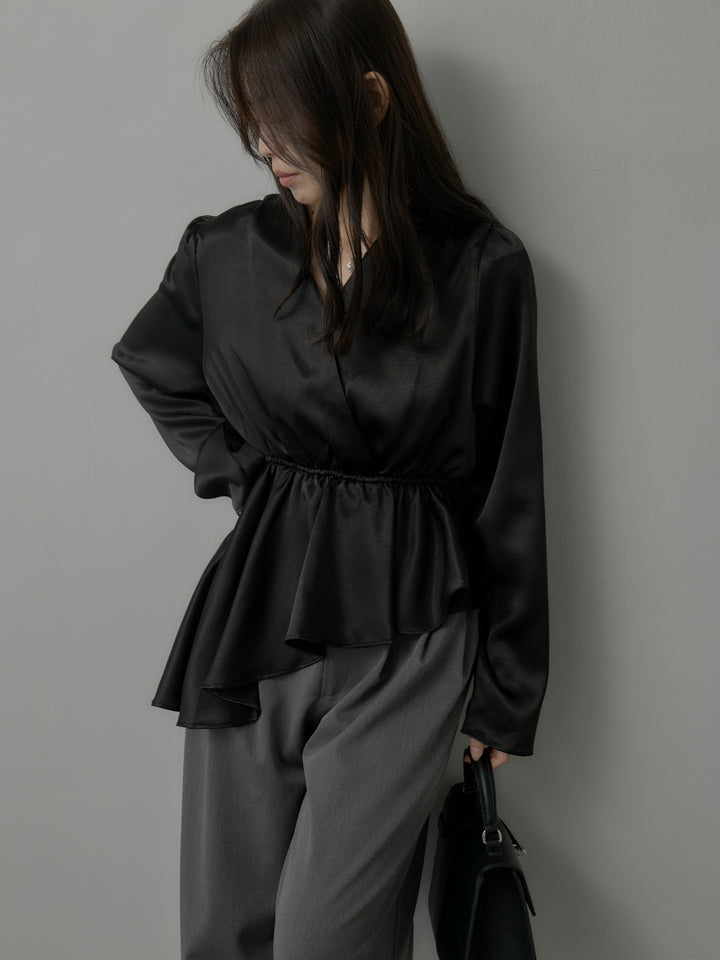 【SET】Vネックアシメサテンブラウス+【Essential】３タックスラックス(2set)