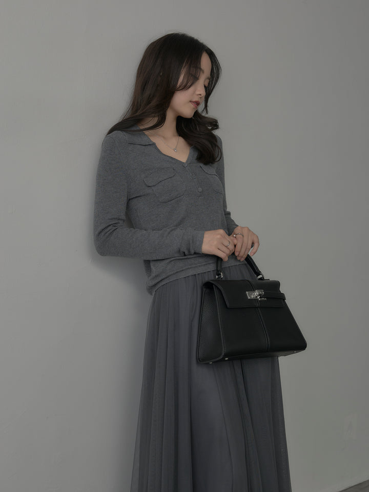 【SET】ポケットデザインリブニットトップス+ボリュームチュールスカート(2set)