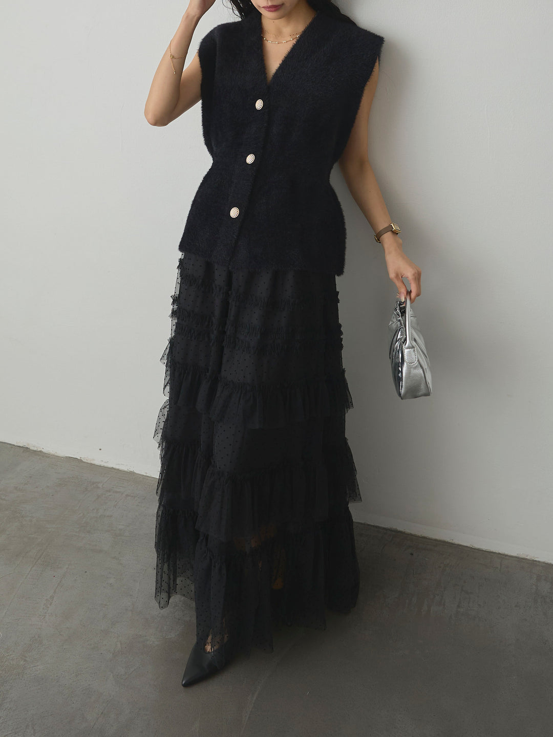 【SET】シャギーニットペプラムベスト+ドットチュールティアードスカート(2set)