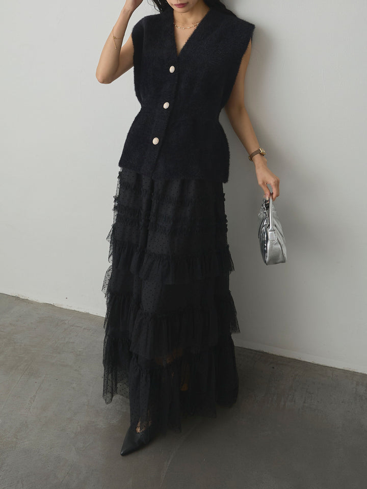 【SET】シャギーニットペプラムベスト+ドットチュールティアードスカート(2set)