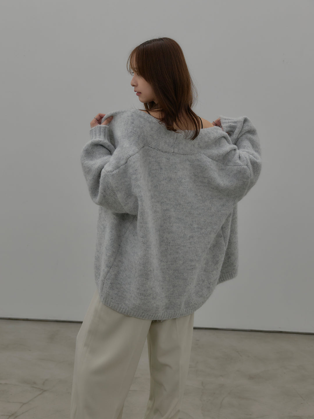 【SET】モヘアライクオーバーニットカーディガン+レースサテンキャミソール(2set)