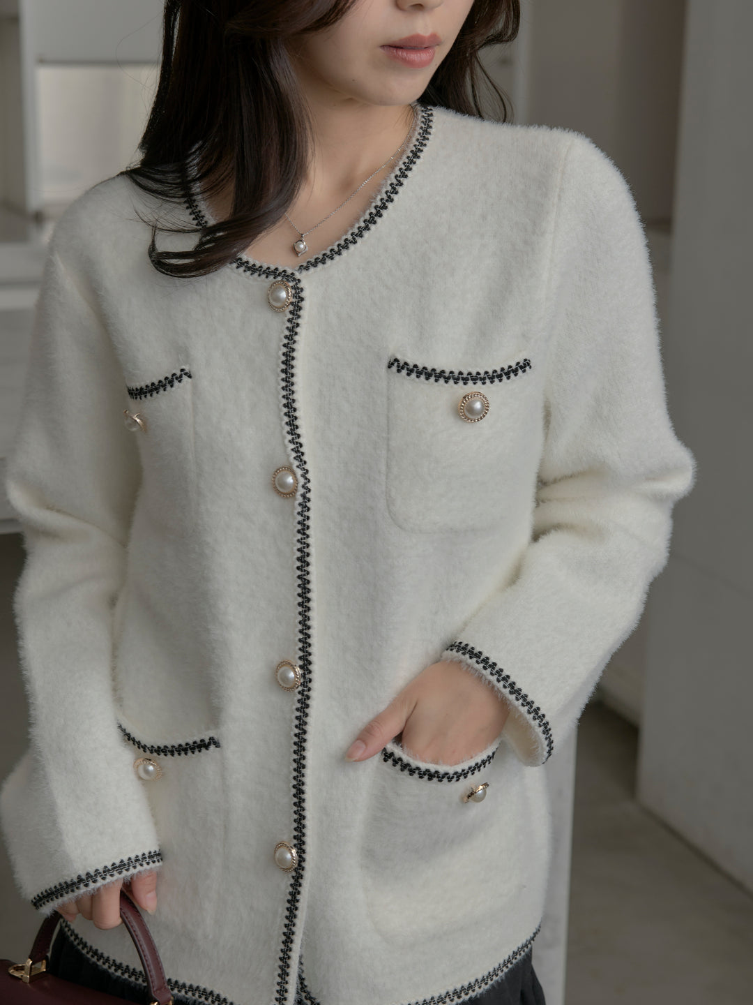モヘアタッチパールボタンニットカーディガン