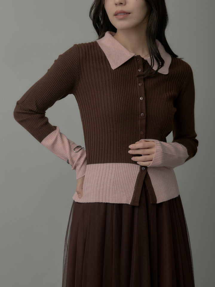 バイカラーリブニットポロトップス