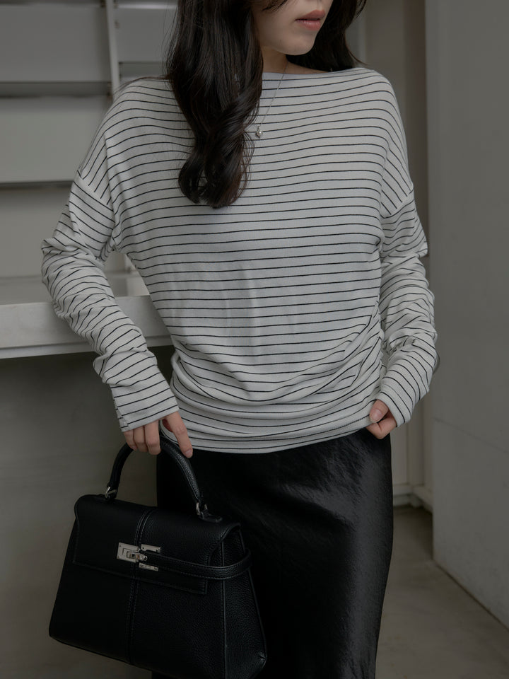 【SET】2wayショルダーボーダートップス+ナローAラインサテンスカート(2set)